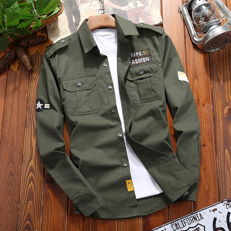 Camiseta de manga larga militar de algodón puro, color sólido, de manga larga.