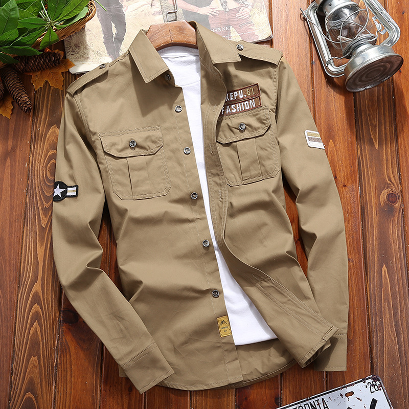 Camiseta de manga larga militar de algodón puro, color sólido, de manga larga. - Imagen 5