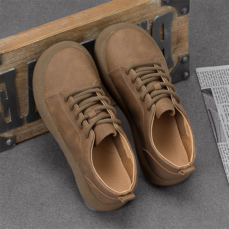 Zapatos de cuero casual para hombre estilo vintage suela gruesa de corte bajo cordones, estilo ingles